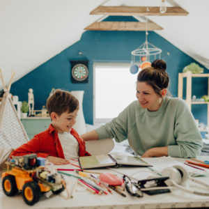 Woman and child looking at book